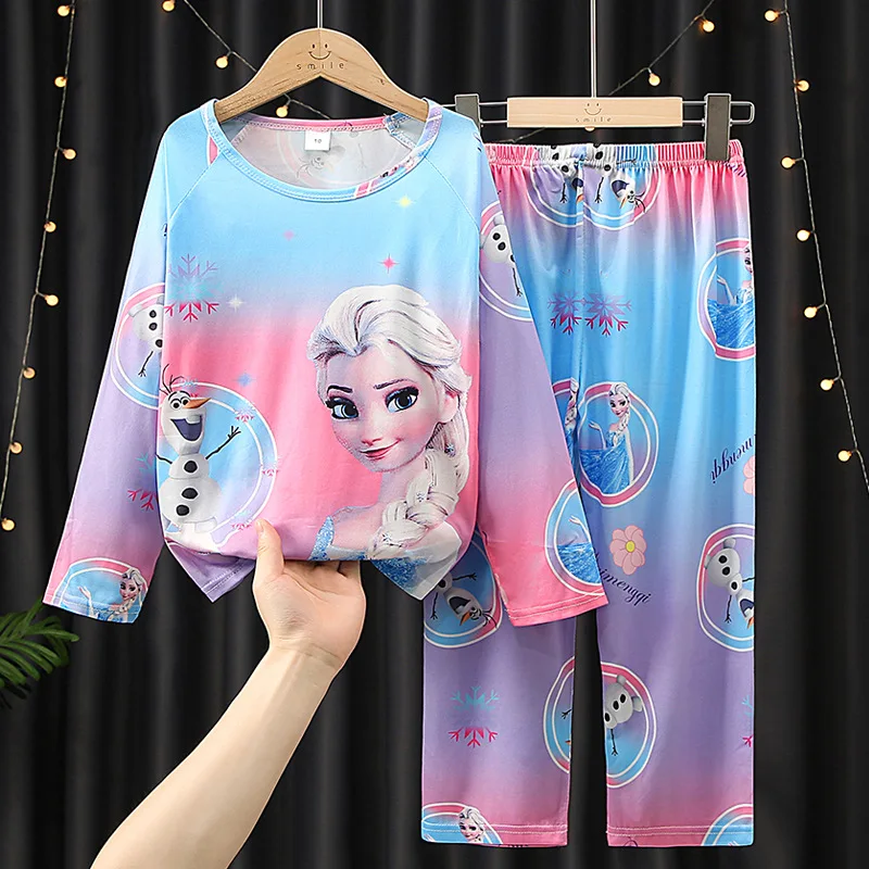 Color: green, Kid Size: 18m - 2pcs/set New Children Pyjamas Minnie Elsa Duck Cartoon Girls Sets Kid Home Wear boys and girls Travel Casual Sleepwear Suit