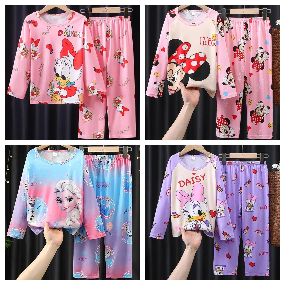 Color: green, Kid Size: 18m - 2pcs/set New Children Pyjamas Minnie Elsa Duck Cartoon Girls Sets Kid Home Wear boys and girls Travel Casual Sleepwear Suit