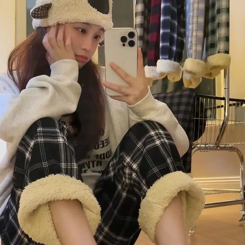 Color: Yellow, Size: L - Padded Thickened Wide Leg Pants Winter LambswoolPlaid Pants Female High Waist Casual Straight Pants