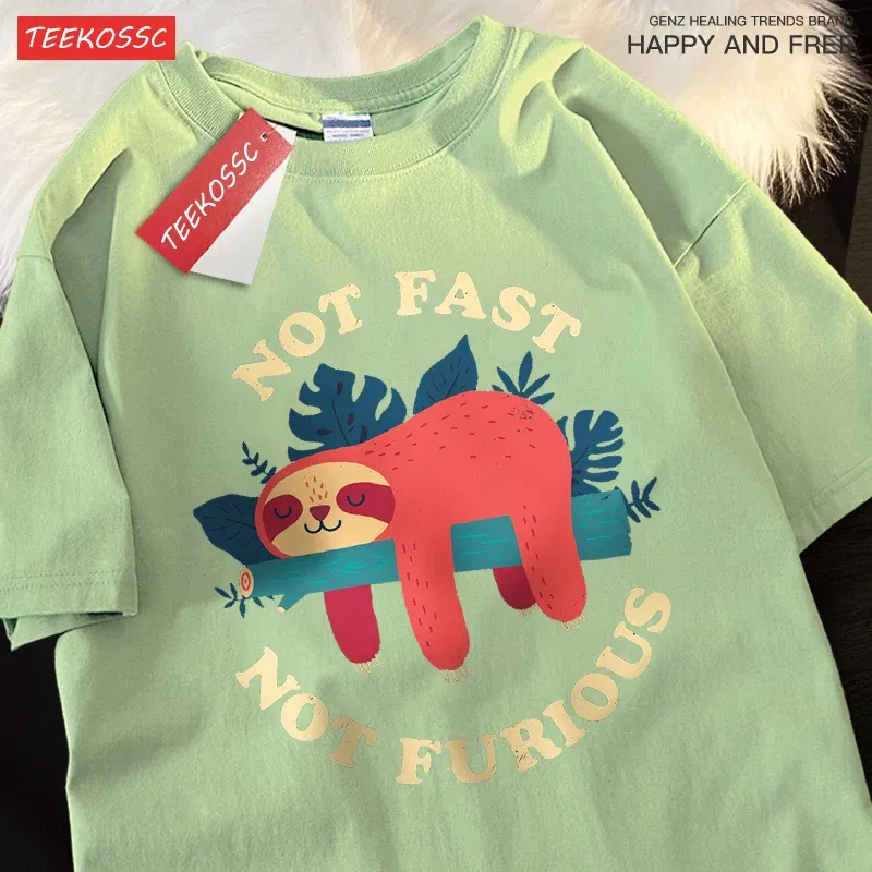 Color: PURPLE, Size: L - Not Fast Not Furious Cute Sloth Male T Shirts Hip Hop Crewneck Short Sleeve Summer Cotton Tops Casual Sweat Oversized T-Shirts