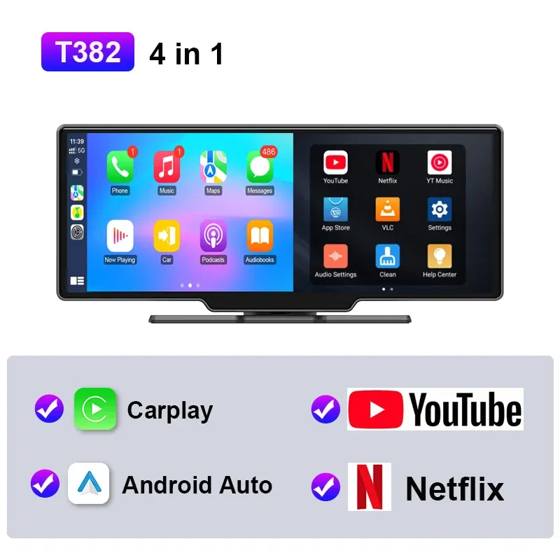 Color: black - JMCQ Universal 10.26" Android WIFI Car Multimedia Player Bluetooth Wireless Carplay auto Monitor Screen for YouTube for Netflix