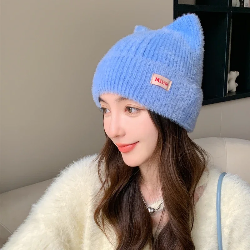 Color: Dark Brown, Size: One Size - New Women Cute Cat Ear Earflap Winter Hat Fashion Faux Fur Knitted Hat Kpop Style Soft Beanie Hats Candy Female Streetwear Cap