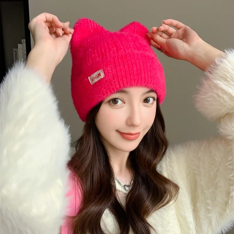 Color: Dark Brown, Size: One Size - New Women Cute Cat Ear Earflap Winter Hat Fashion Faux Fur Knitted Hat Kpop Style Soft Beanie Hats Candy Female Streetwear Cap