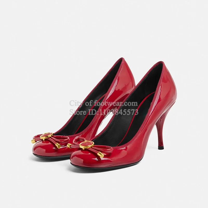2025 Women's New in Black\Red Patentt Leather Bow HIgh Heels Elegant Shallow Round Toe Buckled Pumps Luxury Designer Party Shoes