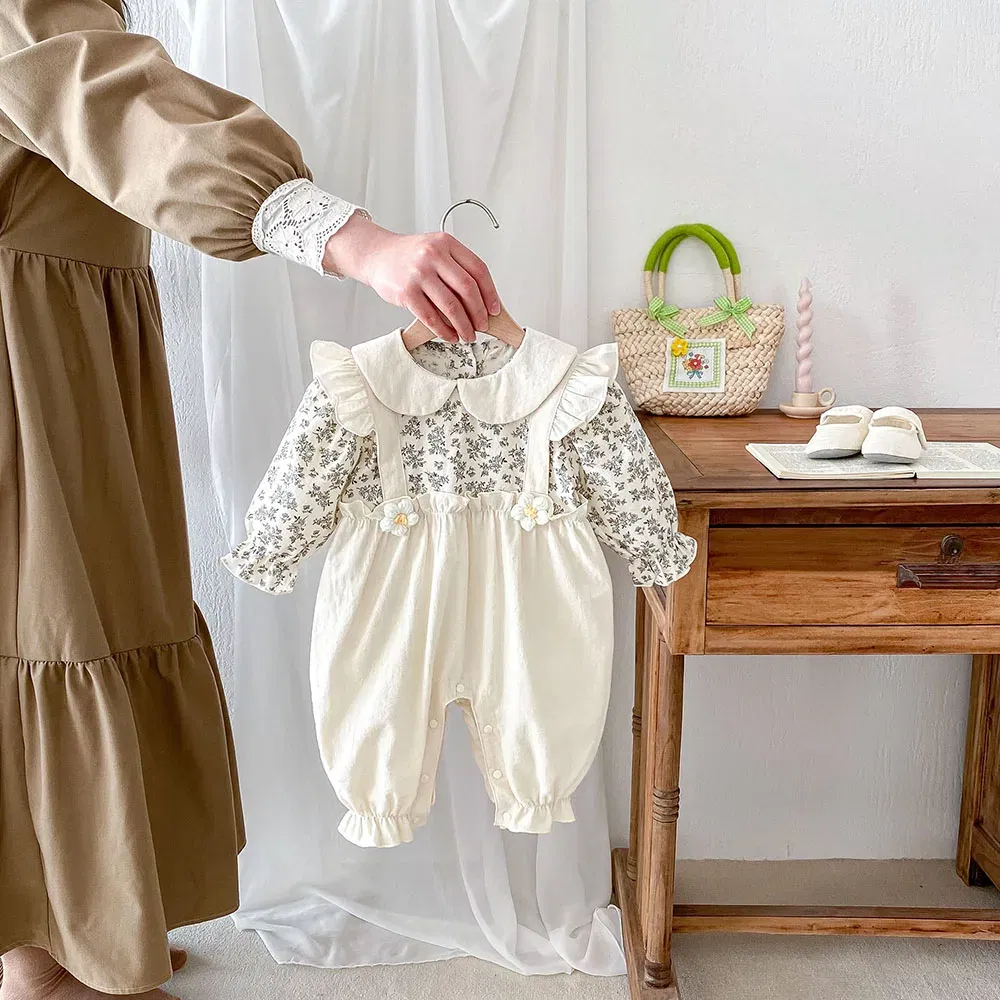 Color: Beige, Kid Size: 12M - 0-2Y Autumn Baby Girls Clothes Pure Cotton Infant Girls Rompers Floral Jumpsuits Peter Pan Collar Baby Outfit