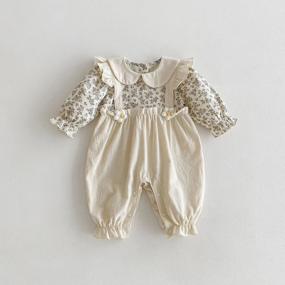 Color: Beige, Kid Size: 12M - 0-2Y Autumn Baby Girls Clothes Pure Cotton Infant Girls Rompers Floral Jumpsuits Peter Pan Collar Baby Outfit