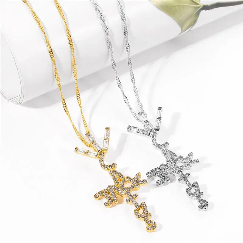 Metal color: Gold-color - Goth Cactus Jack Pendant Necklace Iced Cubic Zircon Plated Gold Silver Color Hip Hop Jewelry For Men Women kpop