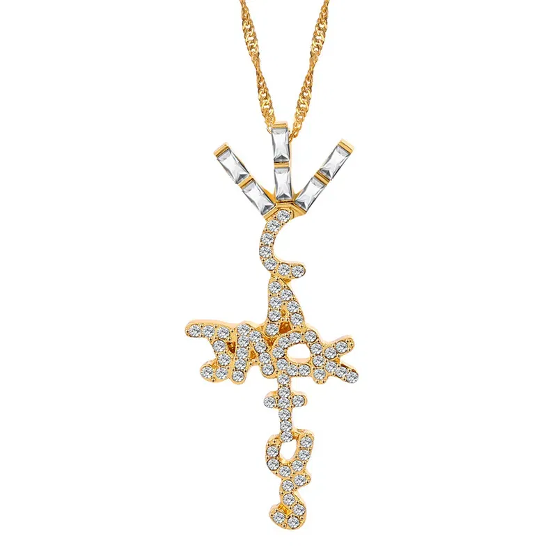 Metal color: Gold-color - Goth Cactus Jack Pendant Necklace Iced Cubic Zircon Plated Gold Silver Color Hip Hop Jewelry For Men Women kpop