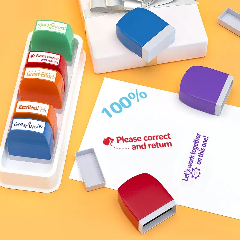 Color: Red - 8 teacher stamps Automatic inking stamps for classroom Teacher Fun Personalized teacher stamps for graded office Teacher supplie