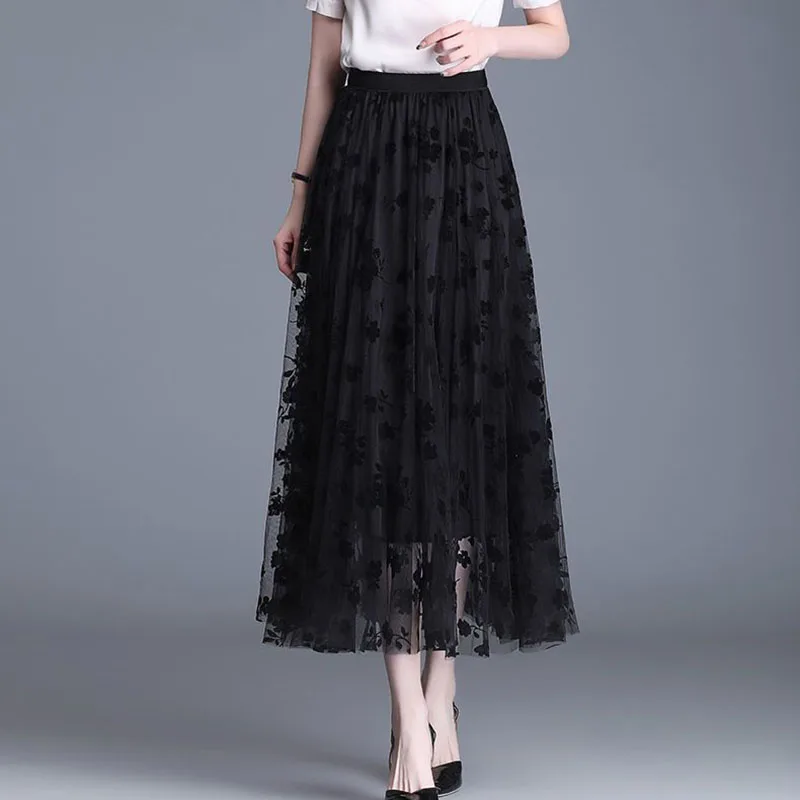 Color: black, Size: L - GIDYQ Korean Women Mesh Skirt Fashion Hook Flower Loose Midi Skirt Elegant Female Casual All Match Skirts Summer New