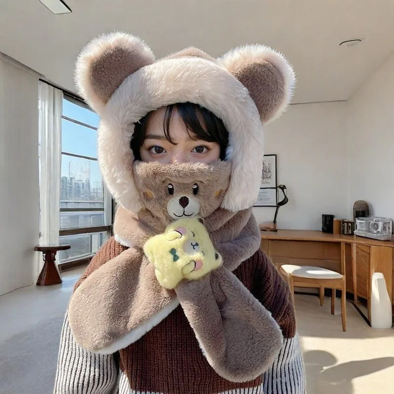 Color: WHITE - Winter Children One Piece Scarf Hat+Mask Cute Cartoon Baby Ear Protection Cap 1-6year Kids Plush Cross Neckerchief Warm Beanies