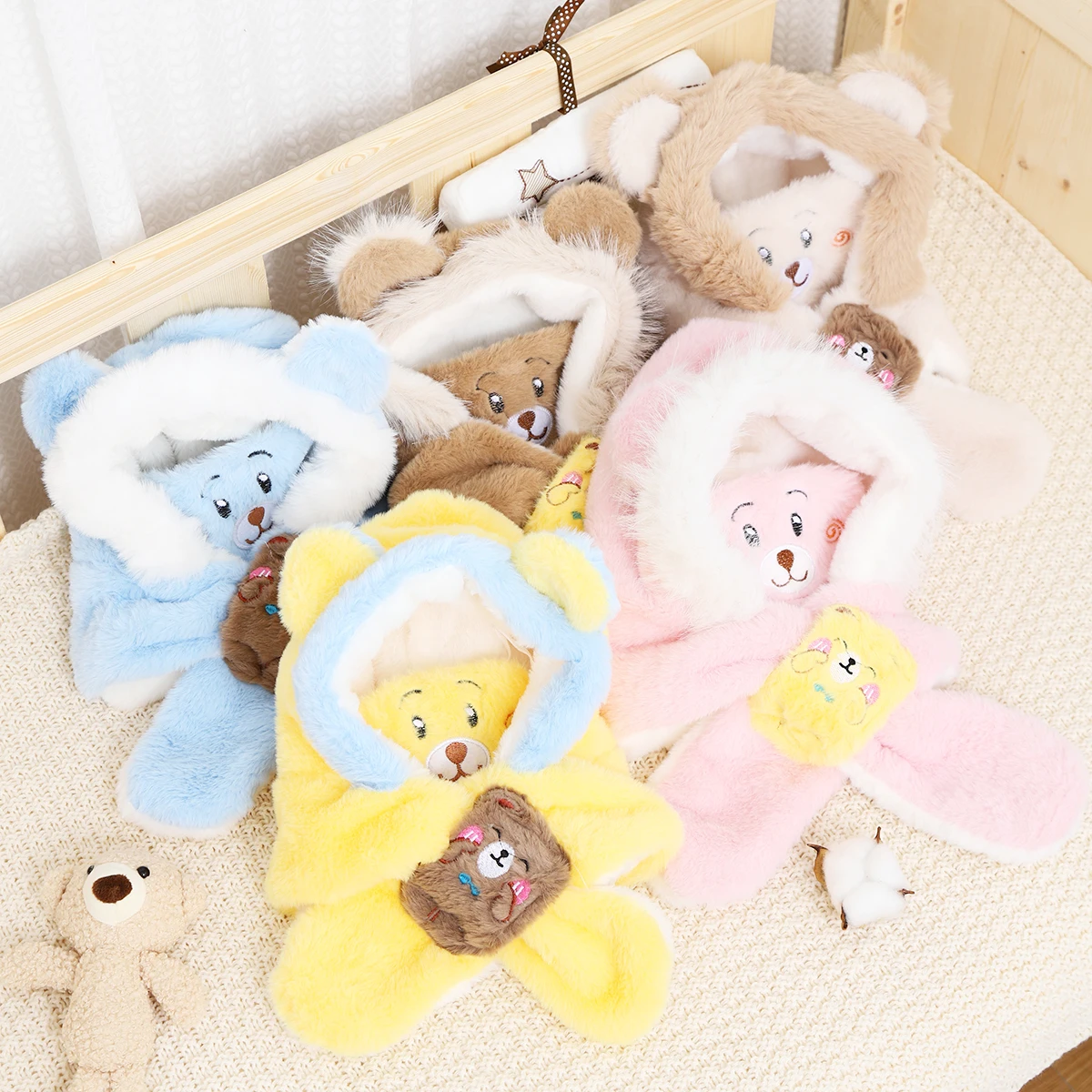 Color: WHITE - Winter Children One Piece Scarf Hat+Mask Cute Cartoon Baby Ear Protection Cap 1-6year Kids Plush Cross Neckerchief Warm Beanies