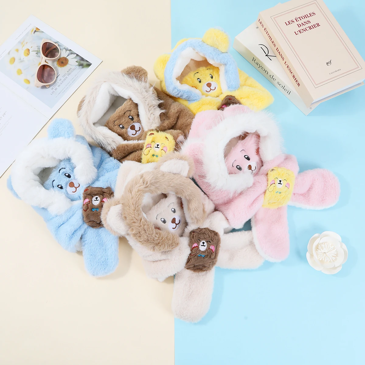 Color: WHITE - Winter Children One Piece Scarf Hat+Mask Cute Cartoon Baby Ear Protection Cap 1-6year Kids Plush Cross Neckerchief Warm Beanies