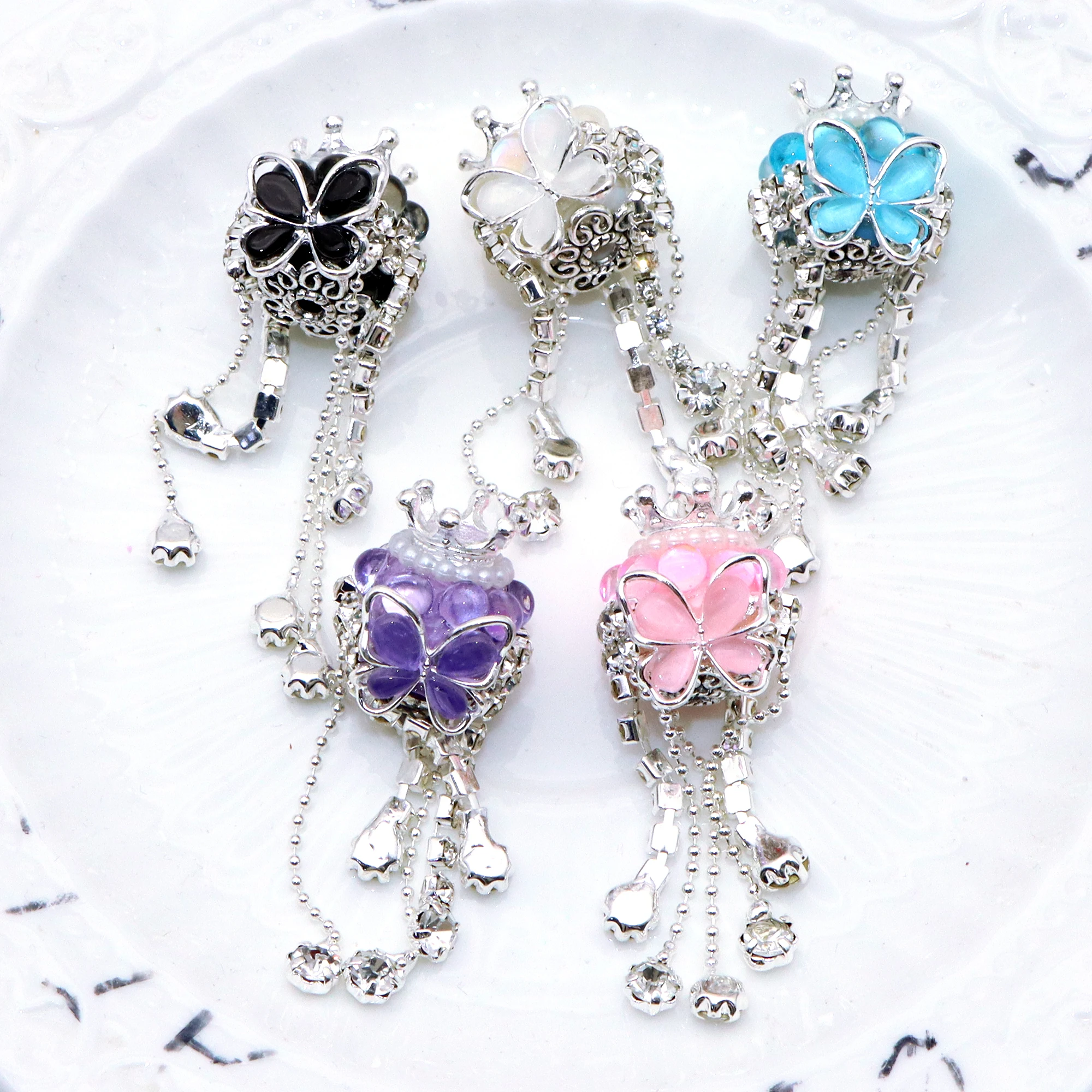 Color: Antique Zinc - 1Pc Luxury Butterfly Rhinestone Faux Crystal Beads Opal Effect with Tassel Loose Spacer Beads with Hole Jewelry Making DIY Brace