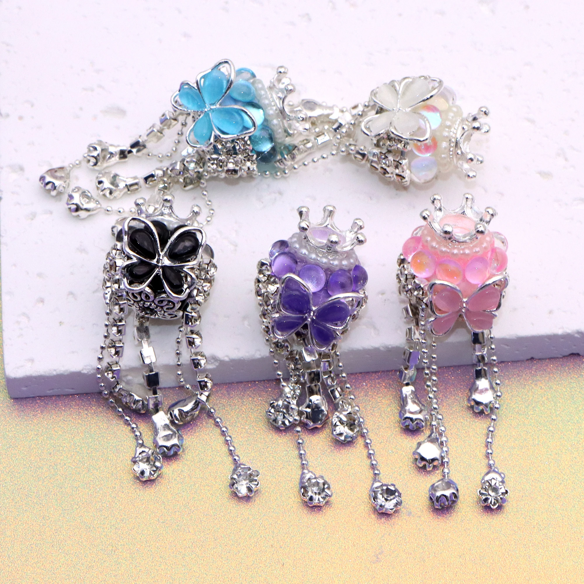 Color: Antique Zinc - 1Pc Luxury Butterfly Rhinestone Faux Crystal Beads Opal Effect with Tassel Loose Spacer Beads with Hole Jewelry Making DIY Brace