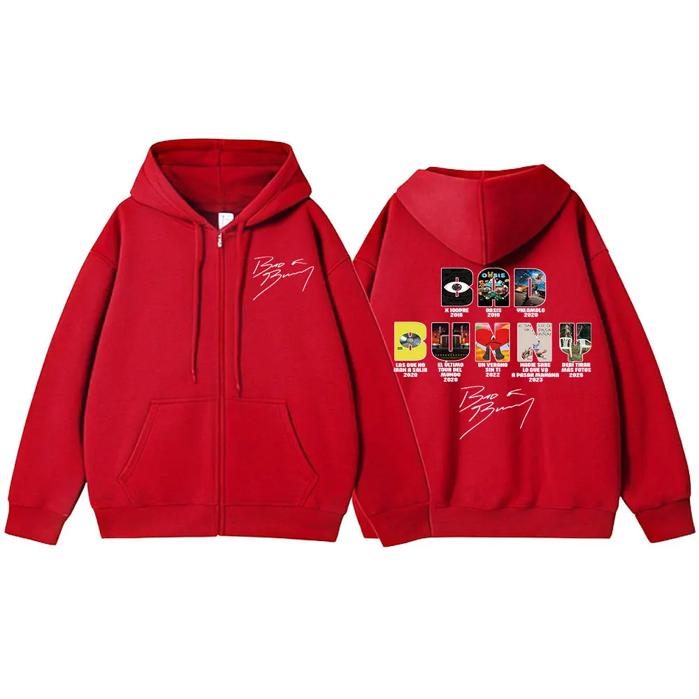 Color: Beige, Size: S - Rapper Bad Bunny Music Album Cover Print Zipper Hoodies Men Women Clothing Hip Hop Zip Up Sweatshirts Long Sleeve Hoodie Jackets