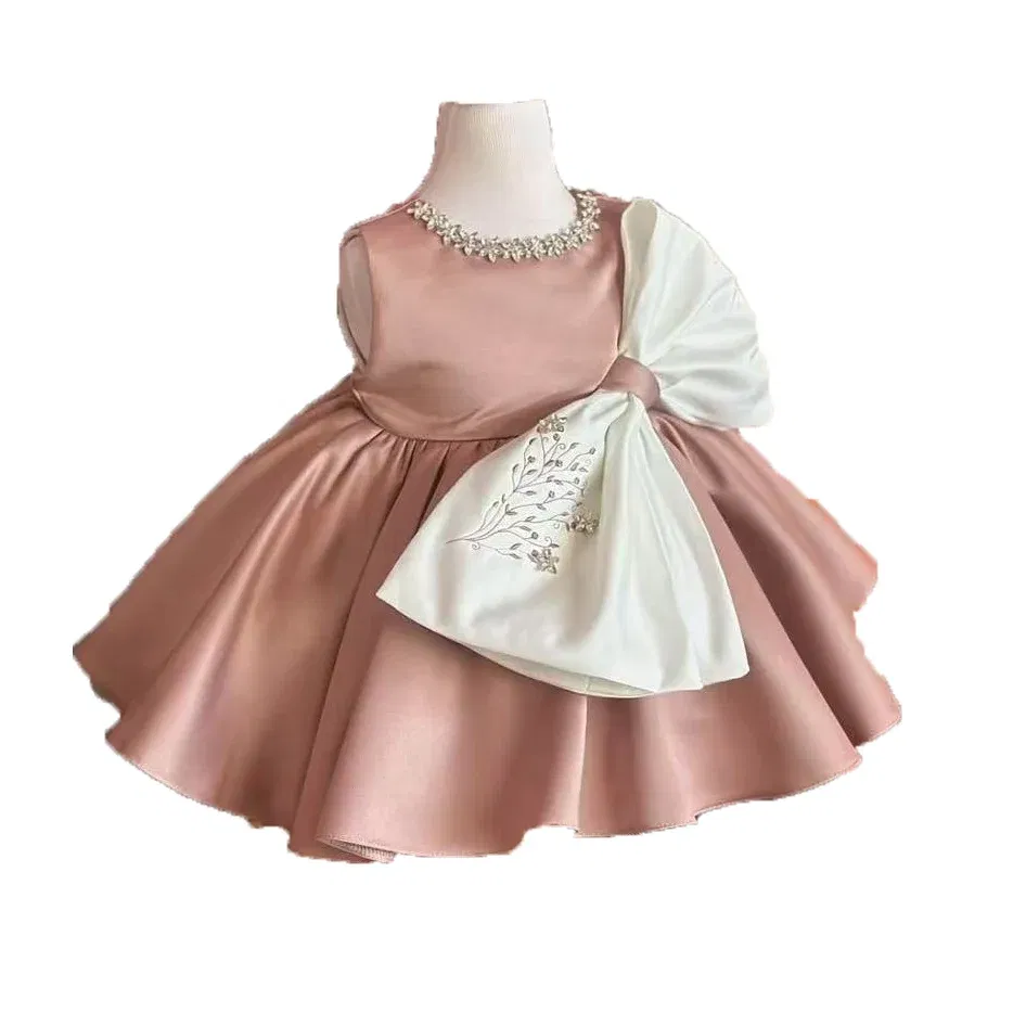 Color: Brown, Kid Size: 7T - 0-12Y Baby Girl Summer Diomand flower Embroidery Pink Dress with Big Bow for Casual Party Holiday B37