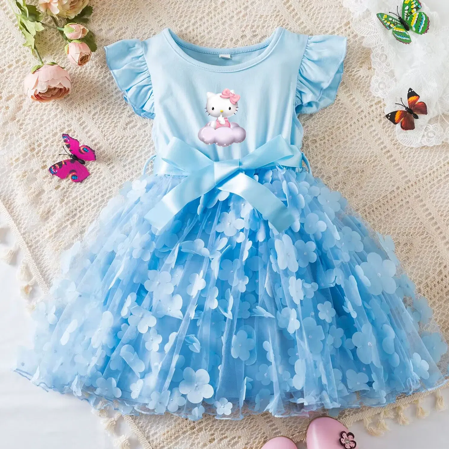 Color: MULTI, Size: XS - Hello Kitty Summer Dress for Kid's Casual Clothes 3D Butterfly Cute Baby Girls Princess Dress Party Dresses 2-6 Yrs