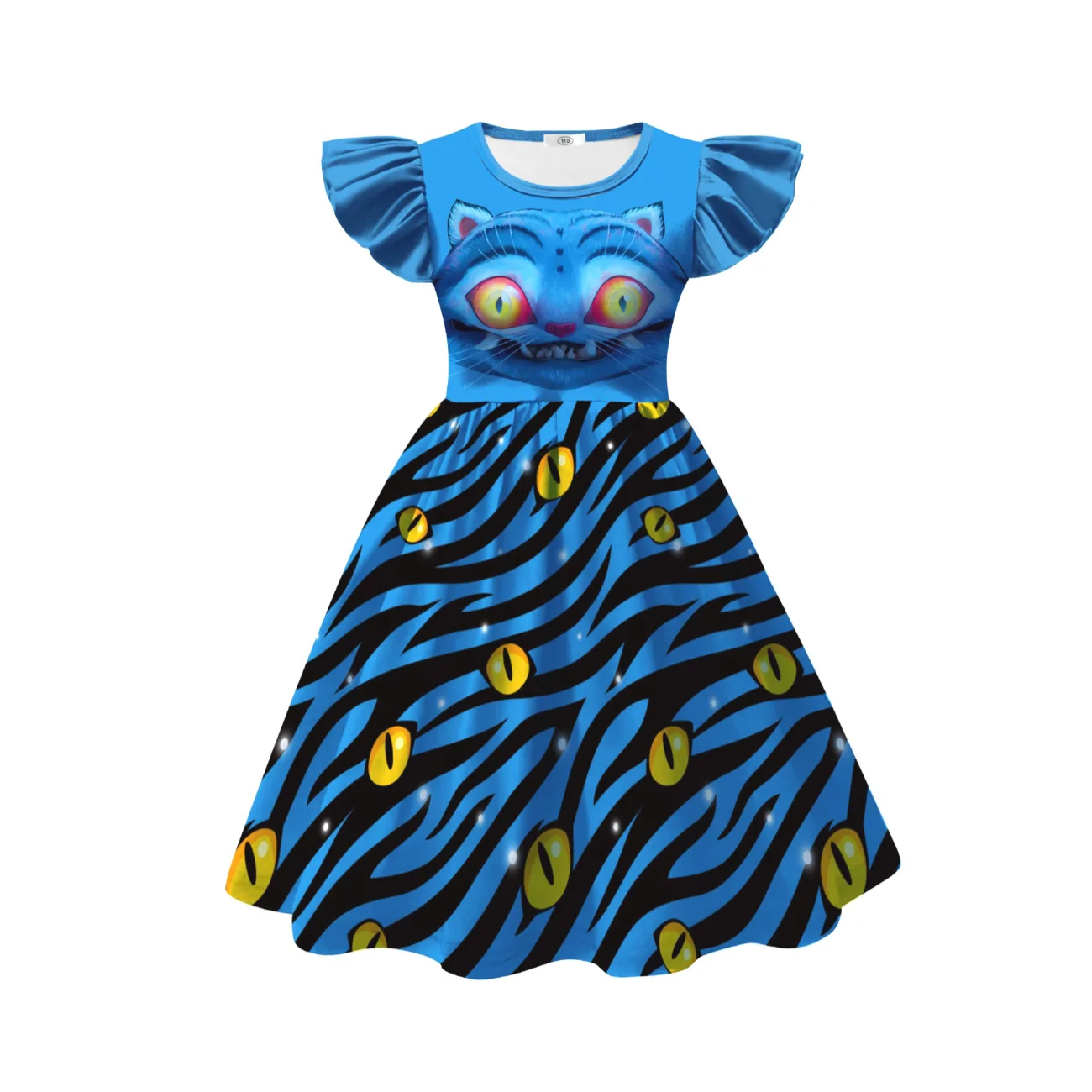 Color: SKY BLUE, Kid Size: 4 - Festival Children Carnival Masquerade Elegant Party Kids Clothes Fashion Girls KPop Demon Hunter Tiger Print Dress for 3-14Years