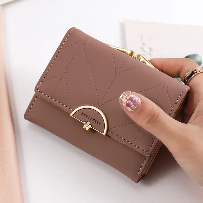 Color: Burgundy - 024 Women's summer new women's short wallet Japan and South Korea PU leather hardware buckle three fold bag high texture multi-c