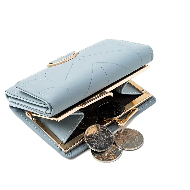 Color: Burgundy - 024 Women's summer new women's short wallet Japan and South Korea PU leather hardware buckle three fold bag high texture multi-c
