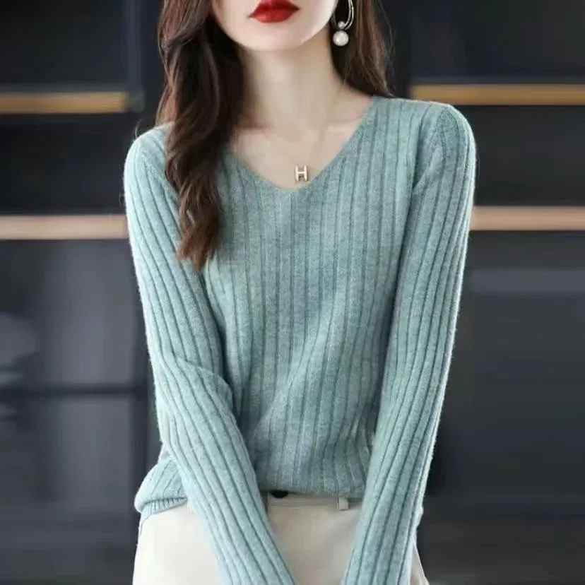 Color: Pink, Size: XL - Women Sweater Long Sleeve Top Knitted Pullover V-Neck Fashion Sweater Woman Winter Basic Female Clothing Soild OL Sweater DF4933