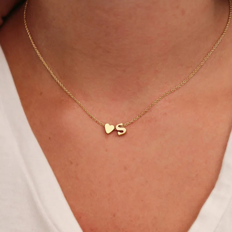Metal Color: RED-BROWN, Main Stone Color: Lemon yellow - Fashion Tiny Heart Dainty Initial Necklace Gold Color Letter Name Choker Necklace For Women Pendant Jewelry Gift