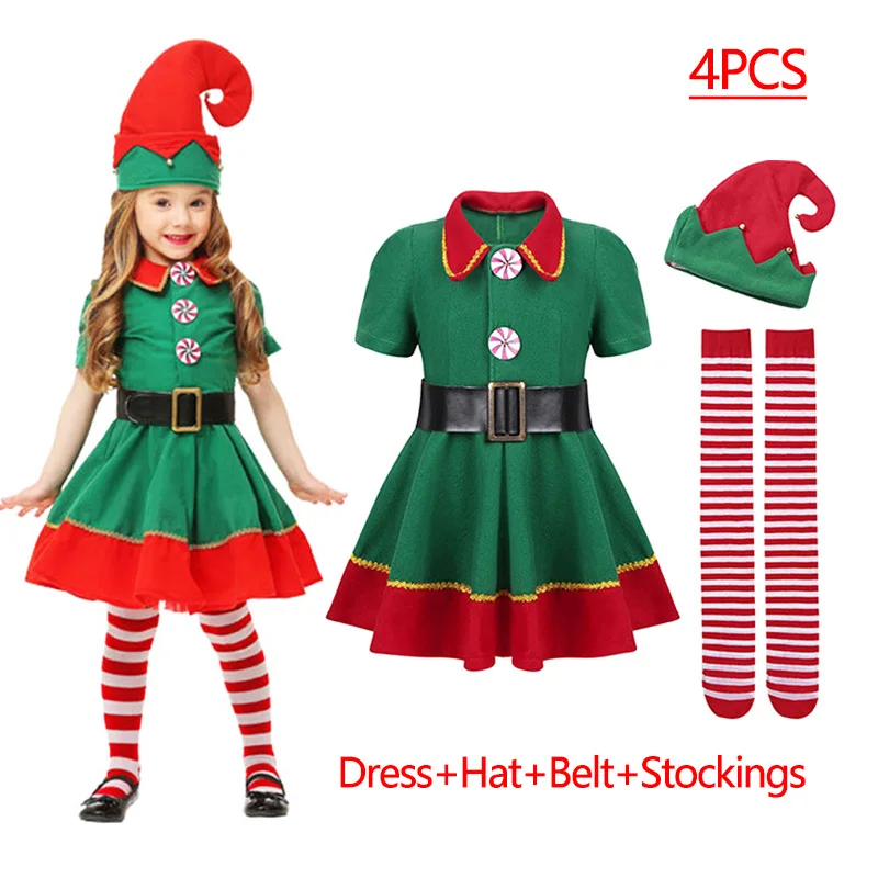 Color: Coffee, Kid Size: 4T - New Year Kids Santa Claus Costume Green Elf Cosplay Christmas Carnival Party Fancy Dress for Girls Boys Red Xmas Clothes Set