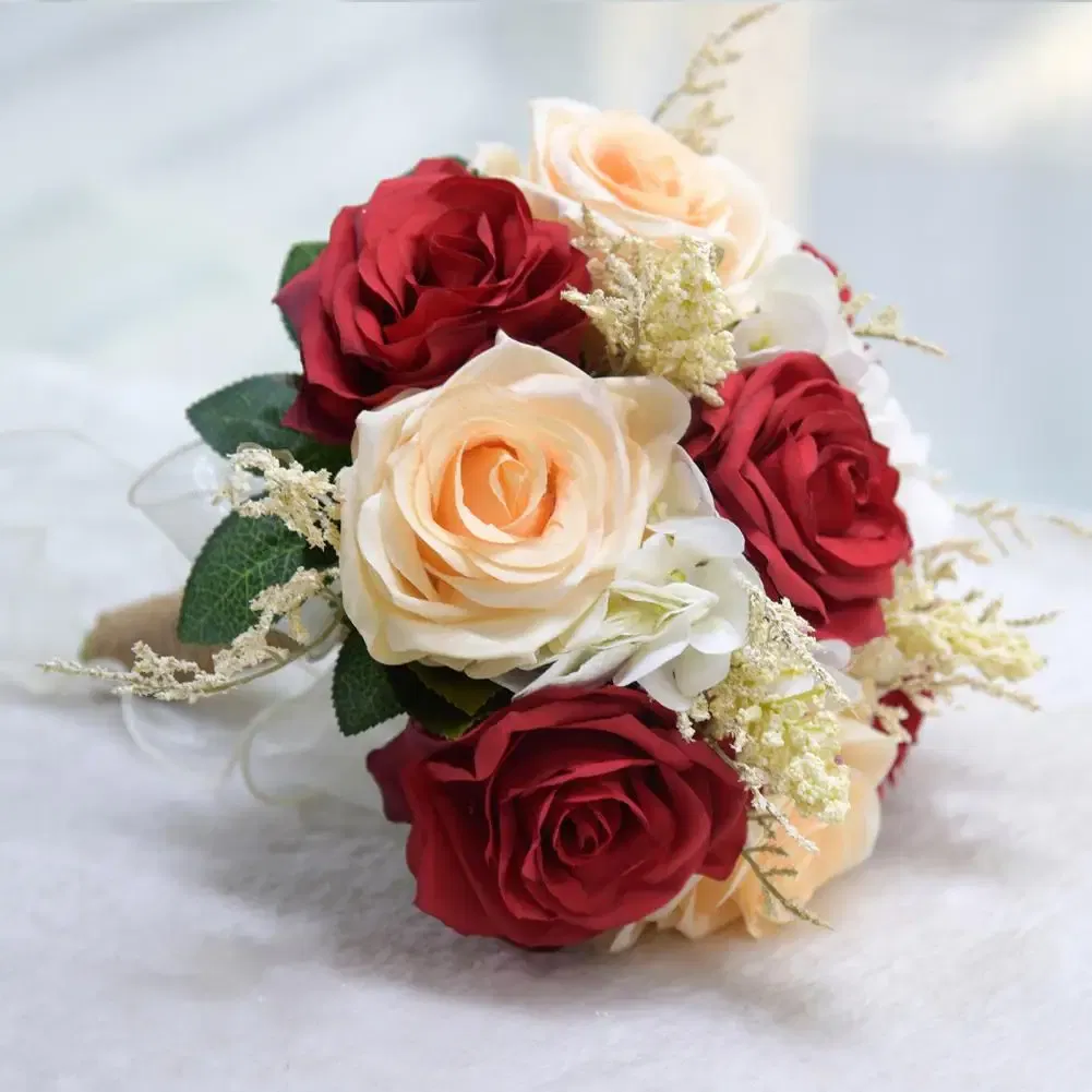 Color: Red, Ships From: CHINA - Non-fading Artificial Rose Realistic Reusable Wedding Artificial Rose Bouquet with Ribbon Bowknot Green Leaves Elegant