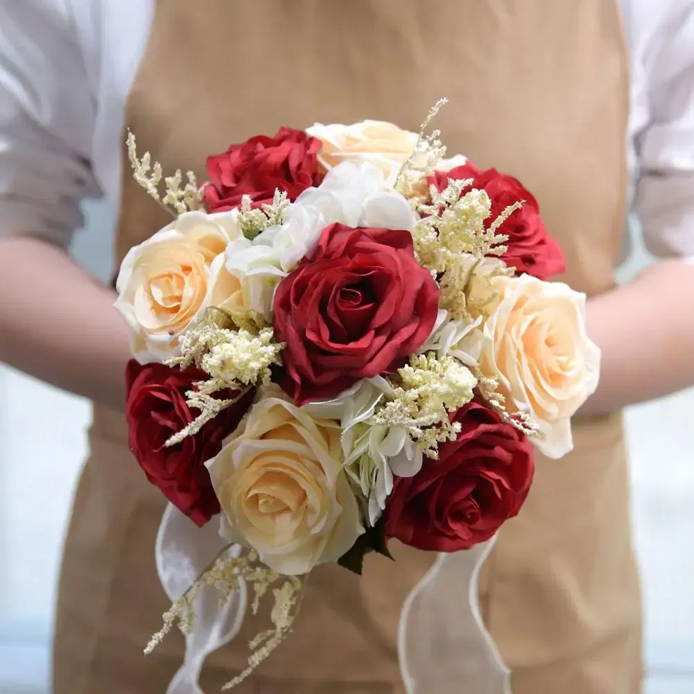 Color: Red, Ships From: CHINA - Non-fading Artificial Rose Realistic Reusable Wedding Artificial Rose Bouquet with Ribbon Bowknot Green Leaves Elegant