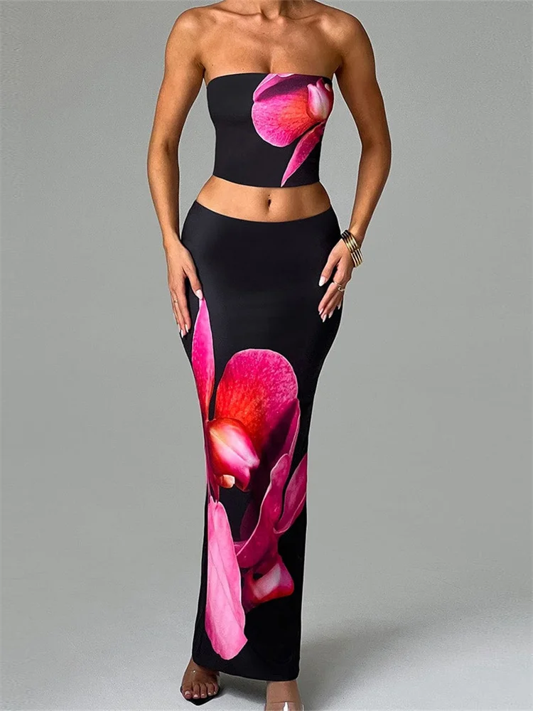 Color: black, Size: L - CHRONSTYLE Sexy Women 2 Pieces Outfits Floral Print Tube Tops and Elastic Waist Bodycon Long Skirts Sets Summer Streetwear 2024