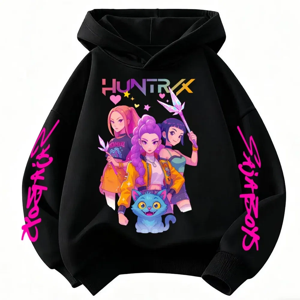 Color: Pink, Kid Size: 4 - Movie KPop Demon Hunters Rumi Mira Zoey Graphic Hoodie Men's Women Korean Fashion Trend Streetwear Unisex Casual Fleece Pullover