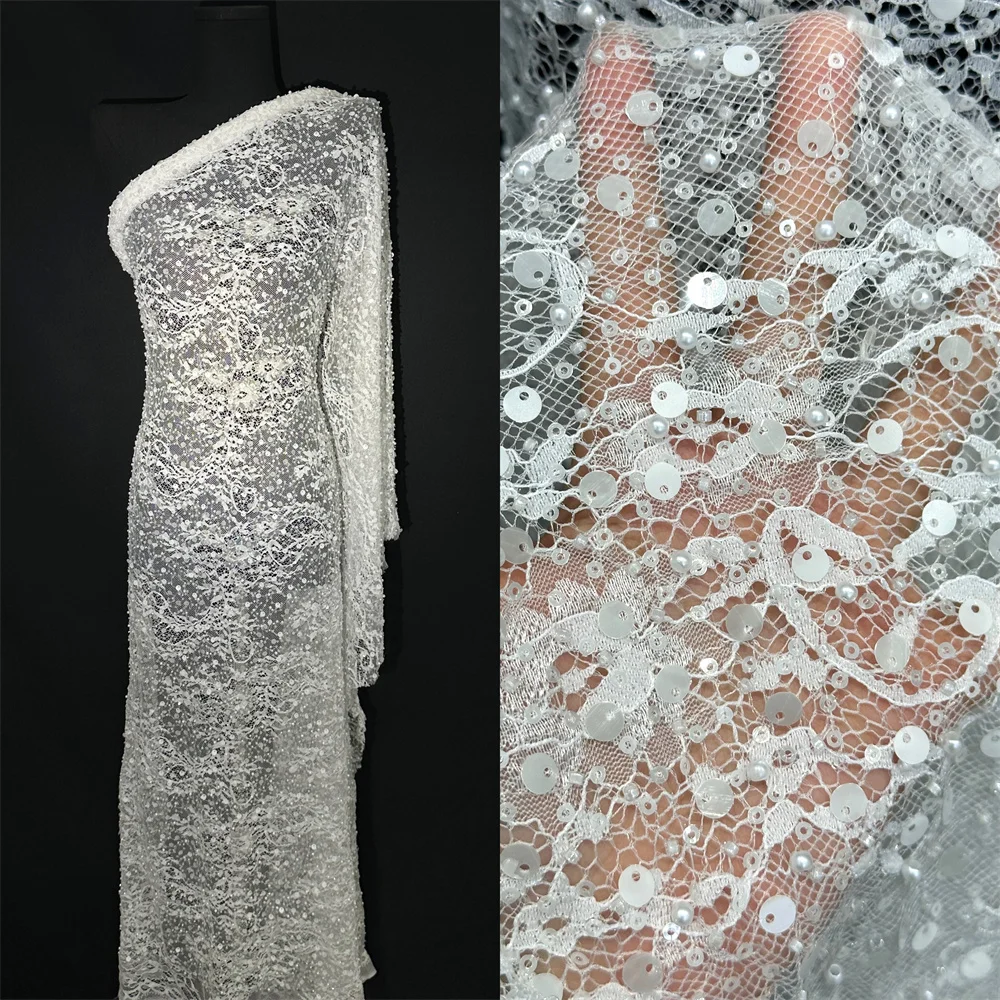 Color: Beige, Width: 120cm, Length: 5 yards - Luxury French Mesh Beads Lace Fabric 2025 High Quality African Sequins Mesh Lace Fabrics For Nigerian Women Wedding Dress Sewing