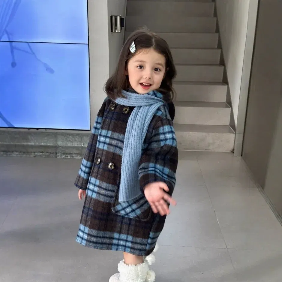 Color: Blue, Kid Size: 7T - Children's Coats Plaid Printed Woolen Padded Hooded Coat Kids Jackets for Girls Winter Clothes Kids Jacket