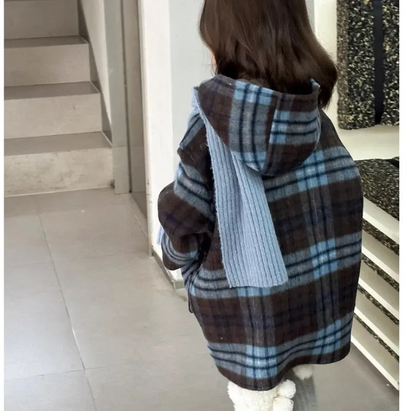 Color: Blue, Kid Size: 7T - Children's Coats Plaid Printed Woolen Padded Hooded Coat Kids Jackets for Girls Winter Clothes Kids Jacket