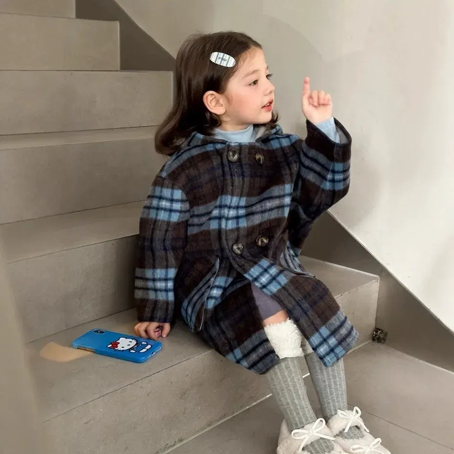 Color: Blue, Kid Size: 7T - Children's Coats Plaid Printed Woolen Padded Hooded Coat Kids Jackets for Girls Winter Clothes Kids Jacket