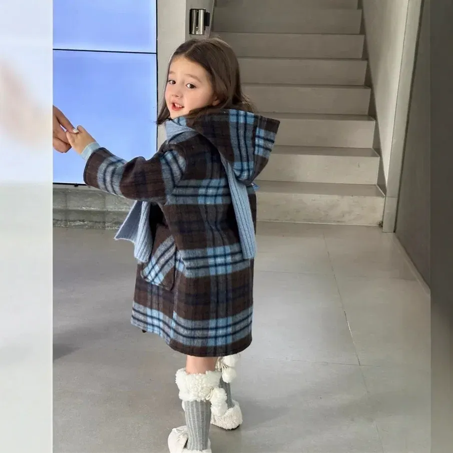 Color: Blue, Kid Size: 7T - Children's Coats Plaid Printed Woolen Padded Hooded Coat Kids Jackets for Girls Winter Clothes Kids Jacket