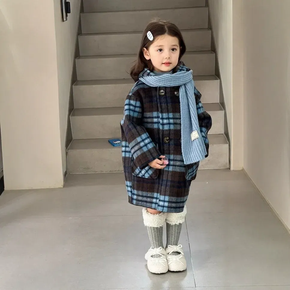 Color: Blue, Kid Size: 7T - Children's Coats Plaid Printed Woolen Padded Hooded Coat Kids Jackets for Girls Winter Clothes Kids Jacket