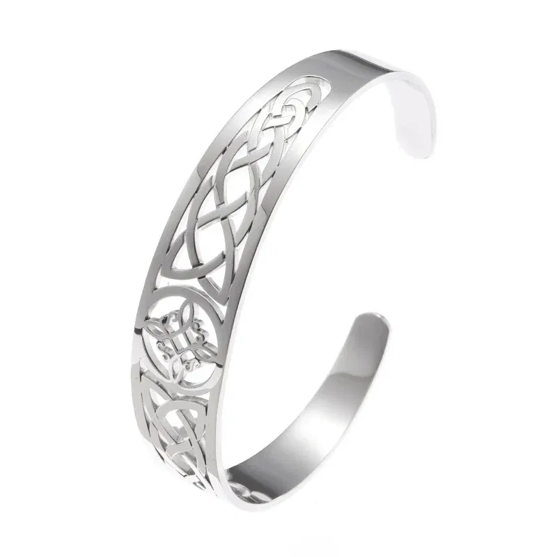 Metal color: Imitation Rhodium Plated - Witch Knot Cuff Stainless Steel Pagan Witchcraft Symbols Magic Knot Women\'s Good Luck Amulet Bracelet Celtic Knot Bracelet