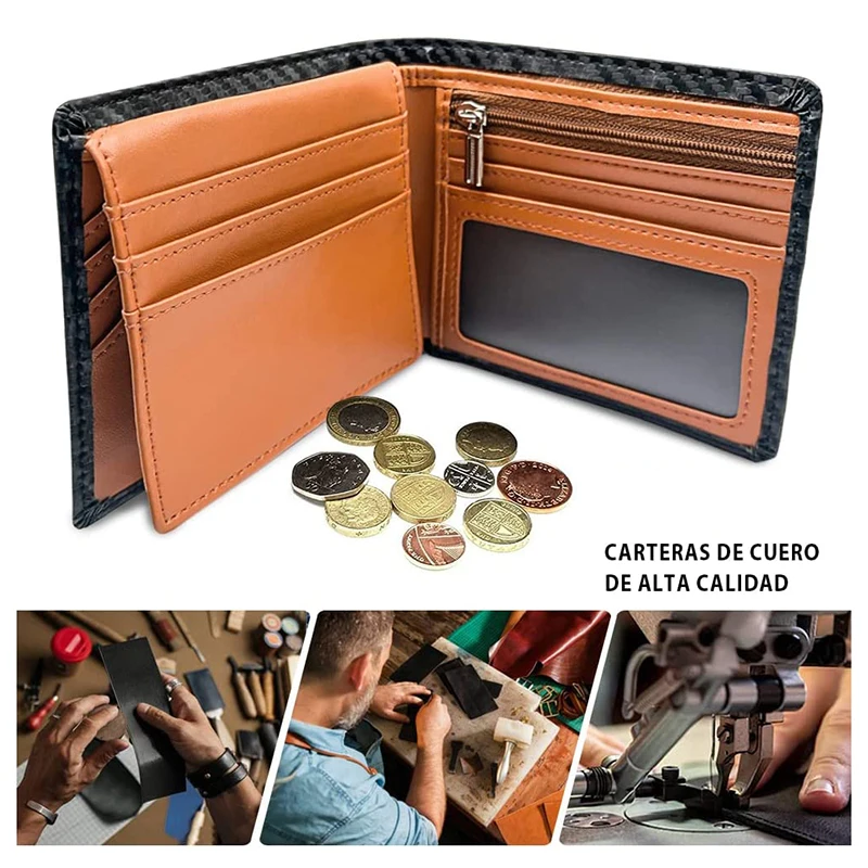 Double Fold Men's Wallet Slim Minimalist RFID Blocking Multiple Cards Leather Zipper Wallet with 2 ID Windows for Men