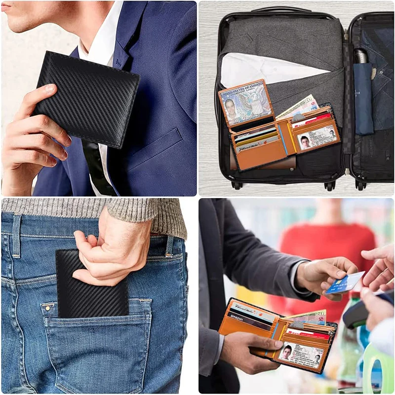 Double Fold Men's Wallet Slim Minimalist RFID Blocking Multiple Cards Leather Zipper Wallet with 2 ID Windows for Men