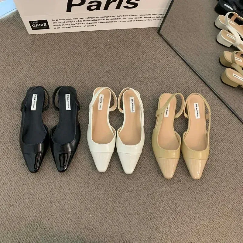 Color: Khaki, Shoe Size: 42 - 24Low Heel Baotou Sandals Women's French Nude Color Pointed Small Fragrant Style Ladies Thick Heels Back Air Style Single Shoes
