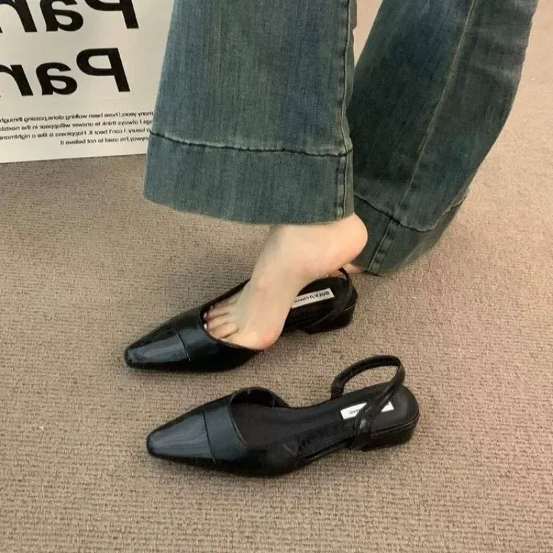 Color: Khaki, Shoe Size: 42 - 24Low Heel Baotou Sandals Women's French Nude Color Pointed Small Fragrant Style Ladies Thick Heels Back Air Style Single Shoes