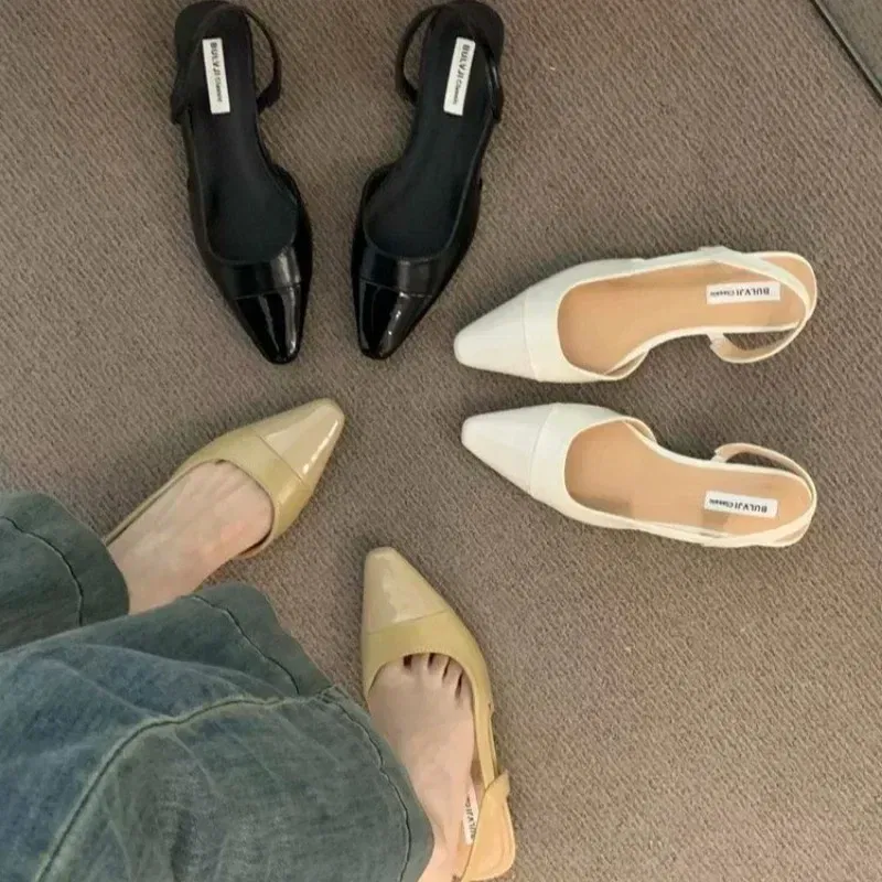 Color: Khaki, Shoe Size: 42 - 24Low Heel Baotou Sandals Women's French Nude Color Pointed Small Fragrant Style Ladies Thick Heels Back Air Style Single Shoes