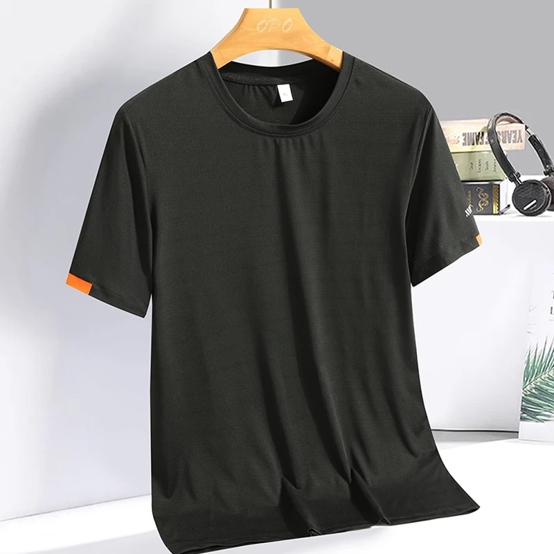 Color: GRAY, Size: XXL - Men's Silk Ice Round Collar T-shirt, Simple Running Fitness Suit, Breathable Thin T-shirt, Quick Dry T-shirt, Summer
