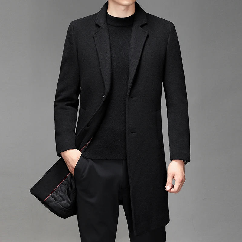 Autumn Winter Mens Wool Coats Mid Long Trench Men Solid Smart Casual Wool Blends Outerwear Turn Down Collar Windbreaker Man