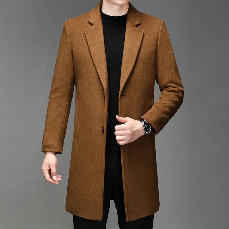Autumn Winter Mens Wool Coats Mid Long Trench Men Solid Smart Casual Wool Blends Outerwear Turn Down Collar Windbreaker Man