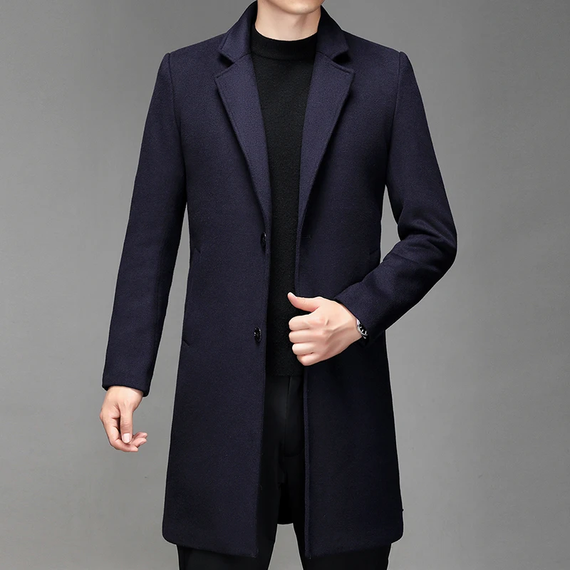 Autumn Winter Mens Wool Coats Mid Long Trench Men Solid Smart Casual Wool Blends Outerwear Turn Down Collar Windbreaker Man