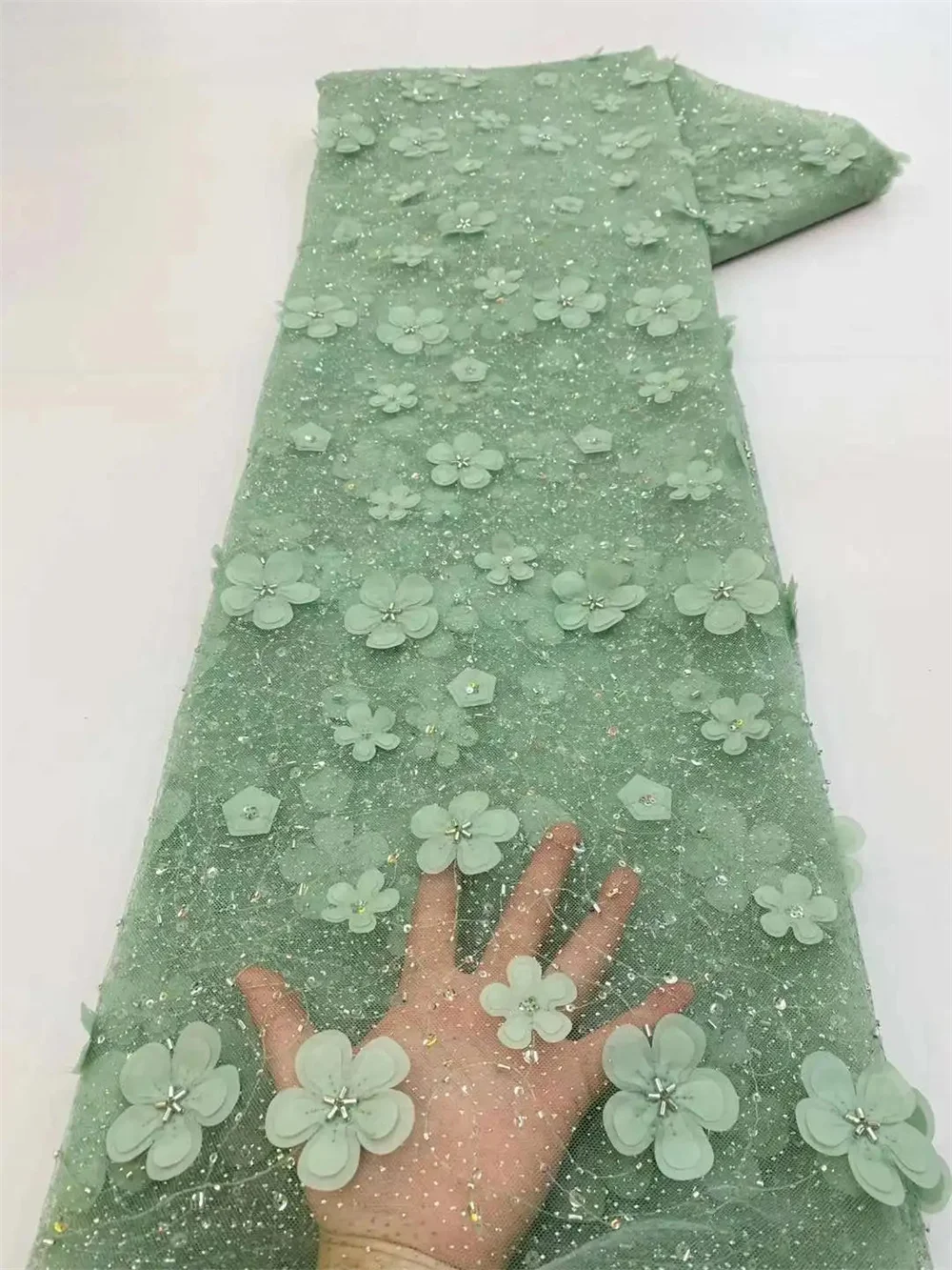 Color: green, length: 5 yards, Width: 120cm - African Net Lace Sequin Fabric High quality Luxury Hand Beaded Embroidery Tulle Lace Fabrics for Nigeria Wedding Dress