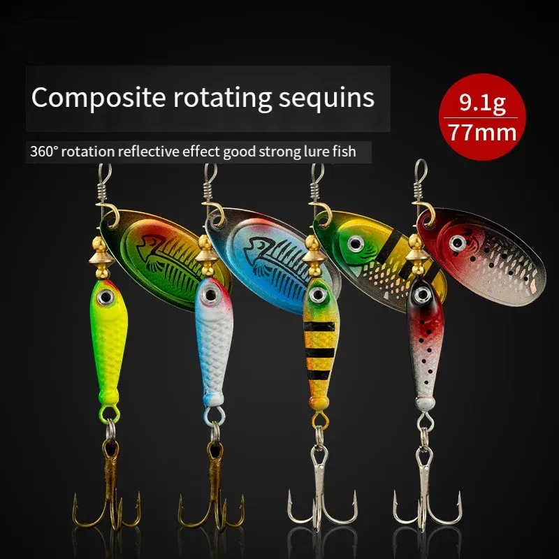 Color: Antique Brass - Rotating Metal Spinner Fishing Lures 9.1g 7cm Sequins Iscas Artificial Hard Baits Crap Bass Pike Treble Hook Tackle Accessories